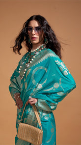 Turquoise and Gold Floral Handloom Weaving Pure Georgette Silk Saree